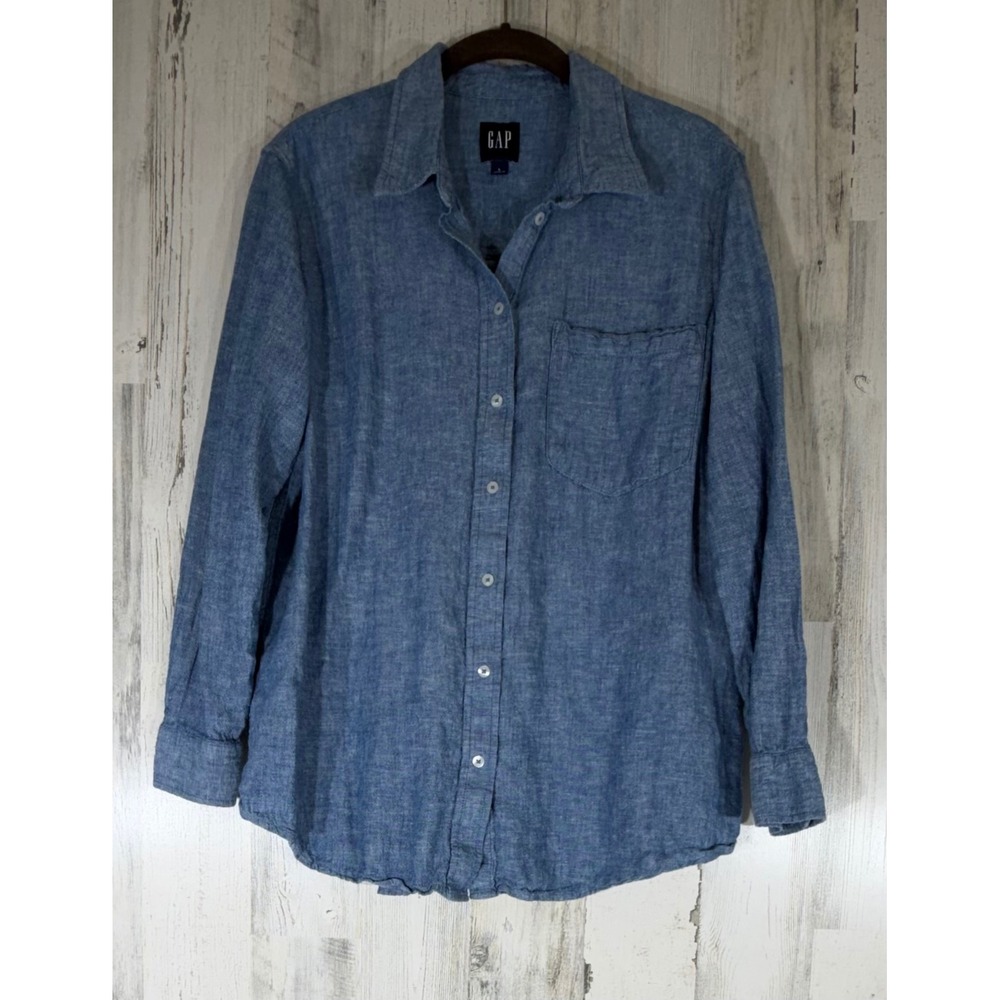 GAP Button Down Shirt Large Blue Chambray Linen Rayon Casual Beach Coastal